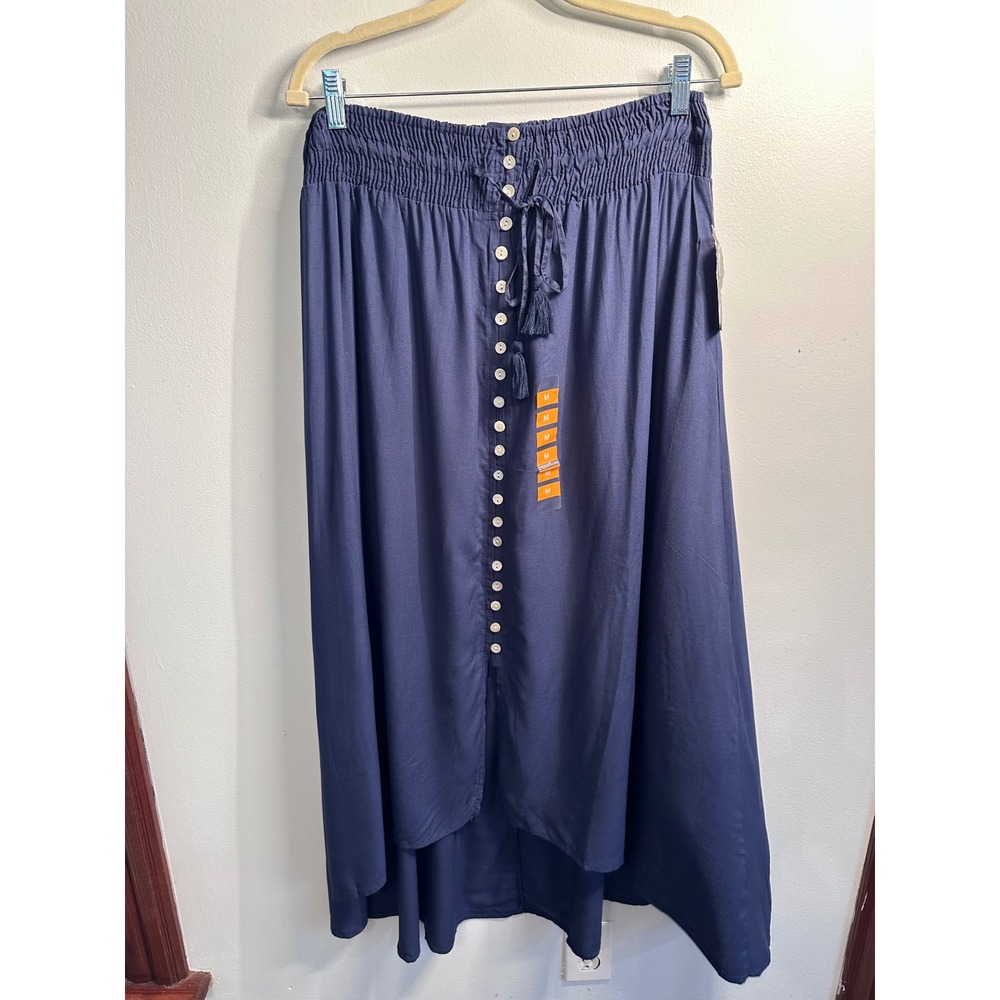 Raviya Midnight Blue Button Front High-Low Maxi Skirt Smocked Waist Medium NWT